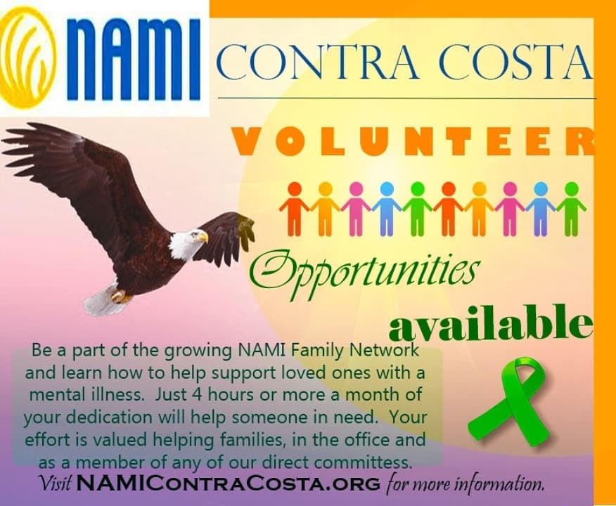 a volunteering advertisement for NAMI CC with an eagle, with text that says "volunteer opportunities available."
